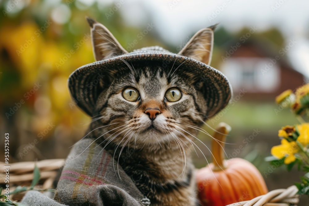 Orange tabby kitten wearing a hat and scarf in fall Orange tabby kitten wearing a hat and scarf in fall