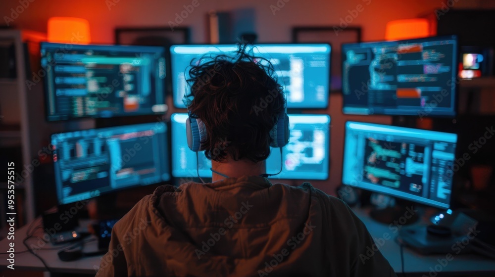 Hacker Immersed in Cybersecurity Monitors and Displays in Dark Tech Workspace with Intense Focus on Networking Programming and Data Analytics Hacker Immersed in Cybersecurity Monitors and Displays in Dark Tech Workspace with Intense Focus on Networking Programming and Data Analytics