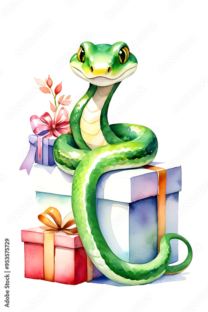 Fototapeta premium Watercolor painted cute green snake with giftbox isolated on white background. Card, poster, banner. Generative AI.