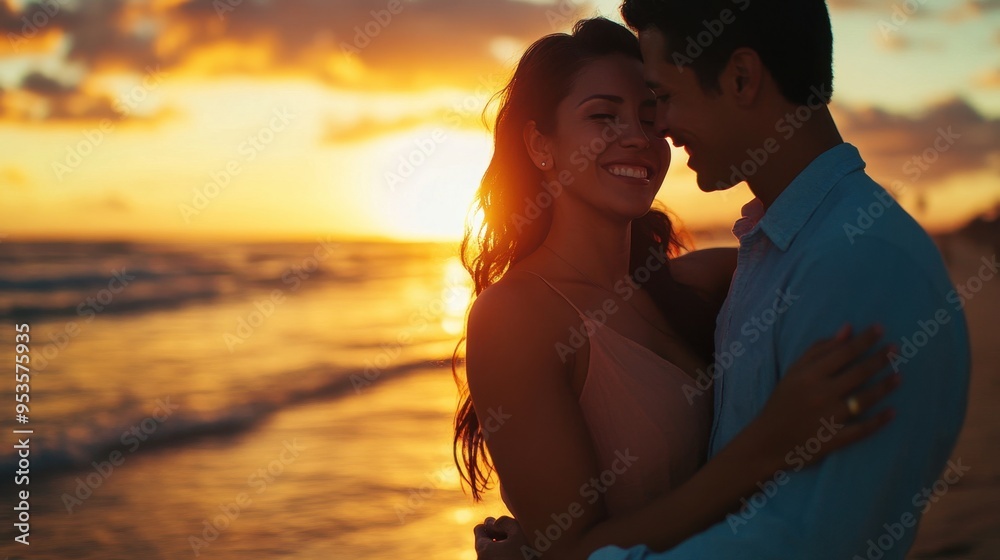Cheerful Hispanic couple sharing a warm embrace on a sandy beach with a stunning sunset view Cheerful Hispanic couple sharing a warm embrace on a sandy beach with a stunning sunset view