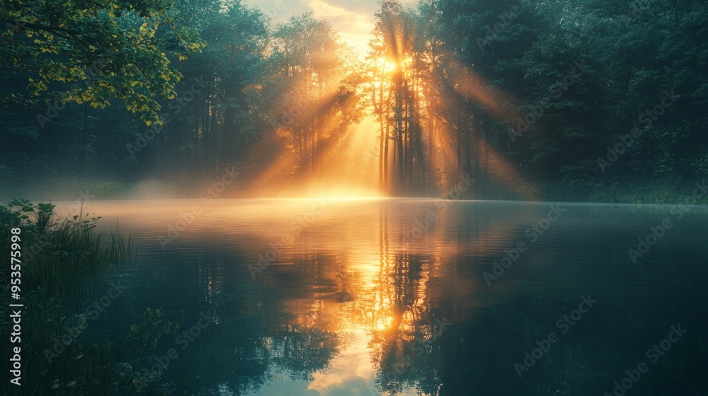 Sunlight breaking through misty forest creating a serene atmosphere Sunlight breaking through misty forest creating a serene atmosphere