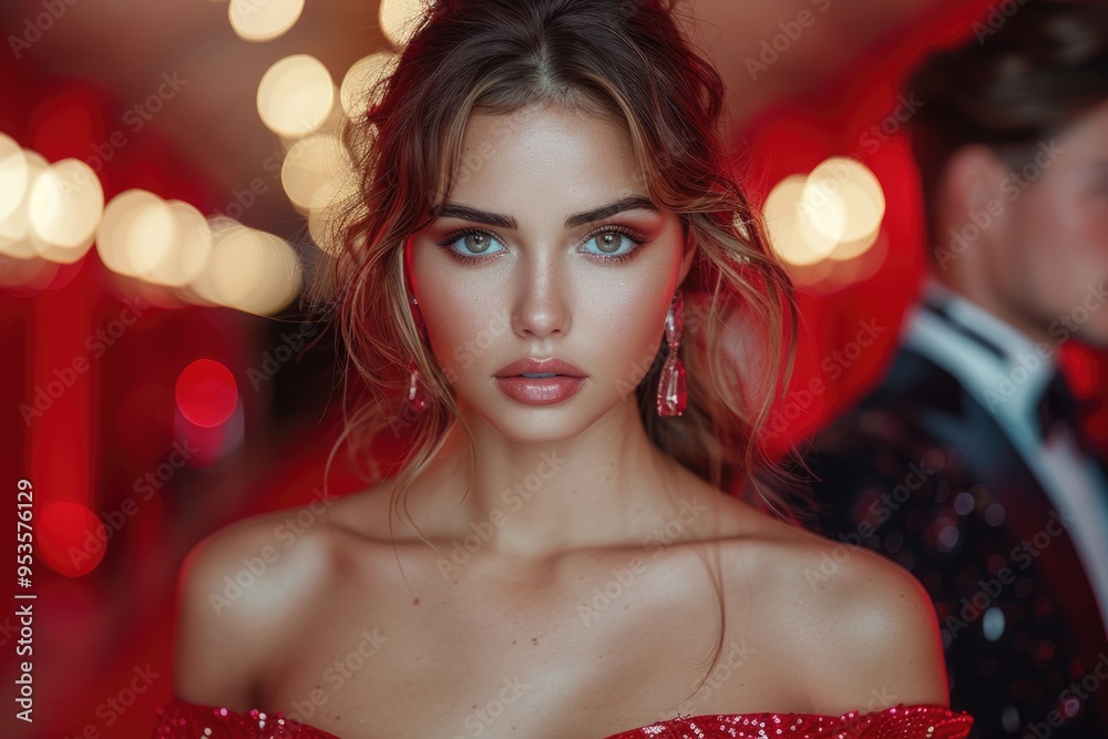 Elegant Woman in Red Dress at Glamorous Evening Event with Bokeh Background Elegant Woman in Red Dress at Glamorous Evening Event with Bokeh Background
