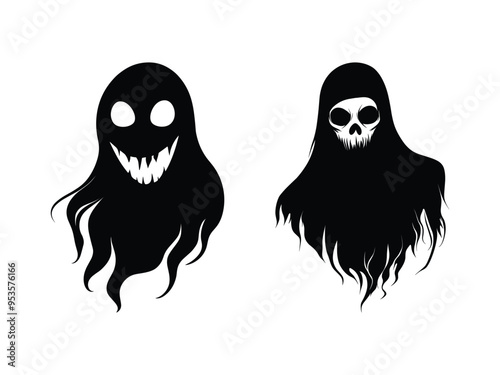 Spooky Halloween Ghost Silhouettes | Scary Black and White Vector Clipart for Haunted Designs.