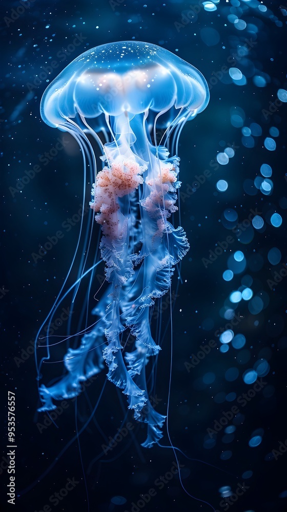 Mesmerizing Glowing Jellyfish Drifting in the Dark Ocean Waters Mesmerizing Glowing Jellyfish Drifting in the Dark Ocean Waters