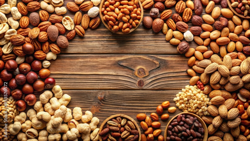 Assorted nuts background with copy space, top view, pecan, macadamia, walnut, almonds, hazelnuts, flat lay, healthy, food Assorted nuts background with copy space, top view, pecan, macadamia, walnut, almonds, hazelnuts, flat lay, healthy, food