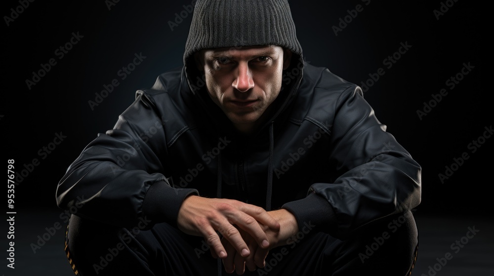 Man in hoodie sitting down Man in hoodie sitting down