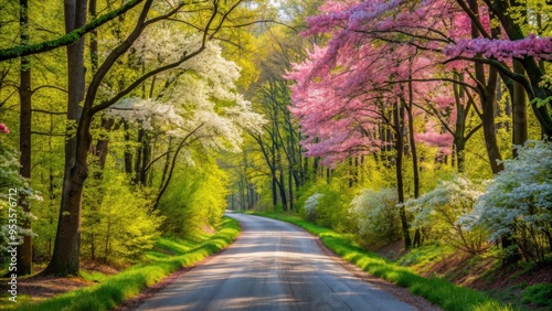 Scenic forest road in springtime with vibrant green trees and blooming flowers, forest, road, spring, trees, flowers