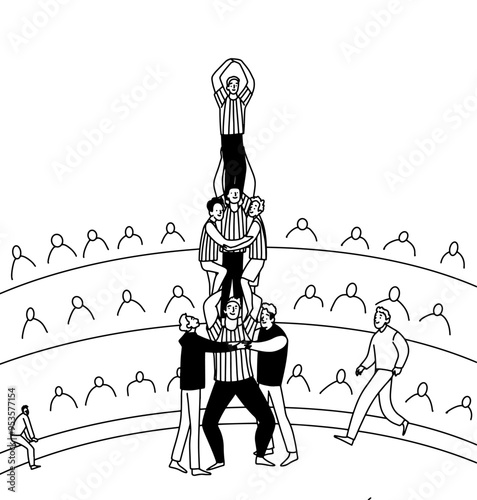 linear coloring page of Catalan human pyramid, Castells. Vector illustration