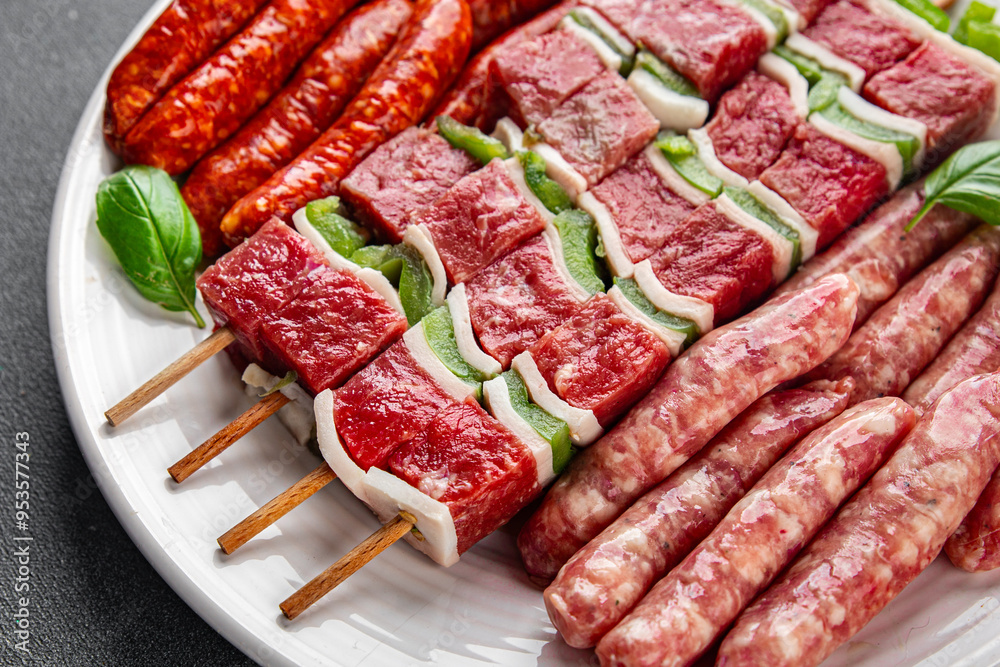 sausage meat assorted juicy pork, beef fresh delicious gourmet food background on the table rustick food top view copy space sausage meat assorted juicy pork, beef fresh delicious gourmet food background on the table rustick food top view copy space