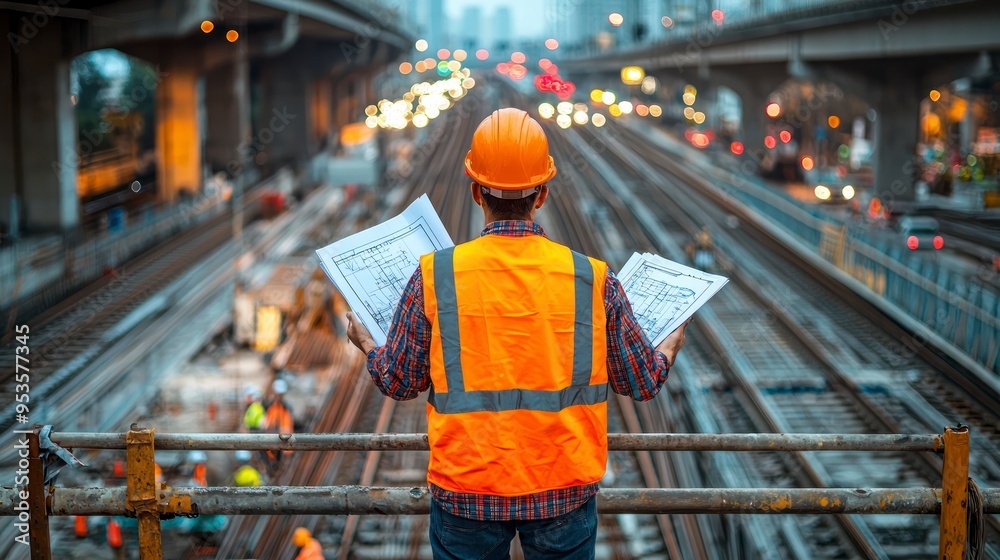 Engineer Overseeing Railway Construction Project with Blueprints Engineer Overseeing Railway Construction Project with Blueprints