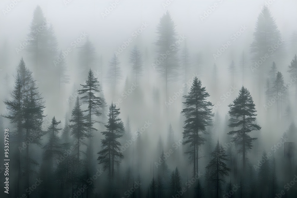 A misty forest landscape with tall trees fading into the fog, AI generated A misty forest landscape with tall trees fading into the fog, AI generated