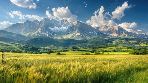 Mountain Range Overlooking Lush Fields