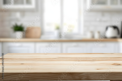 Wooden table top on white and bright modern kitchen interior background