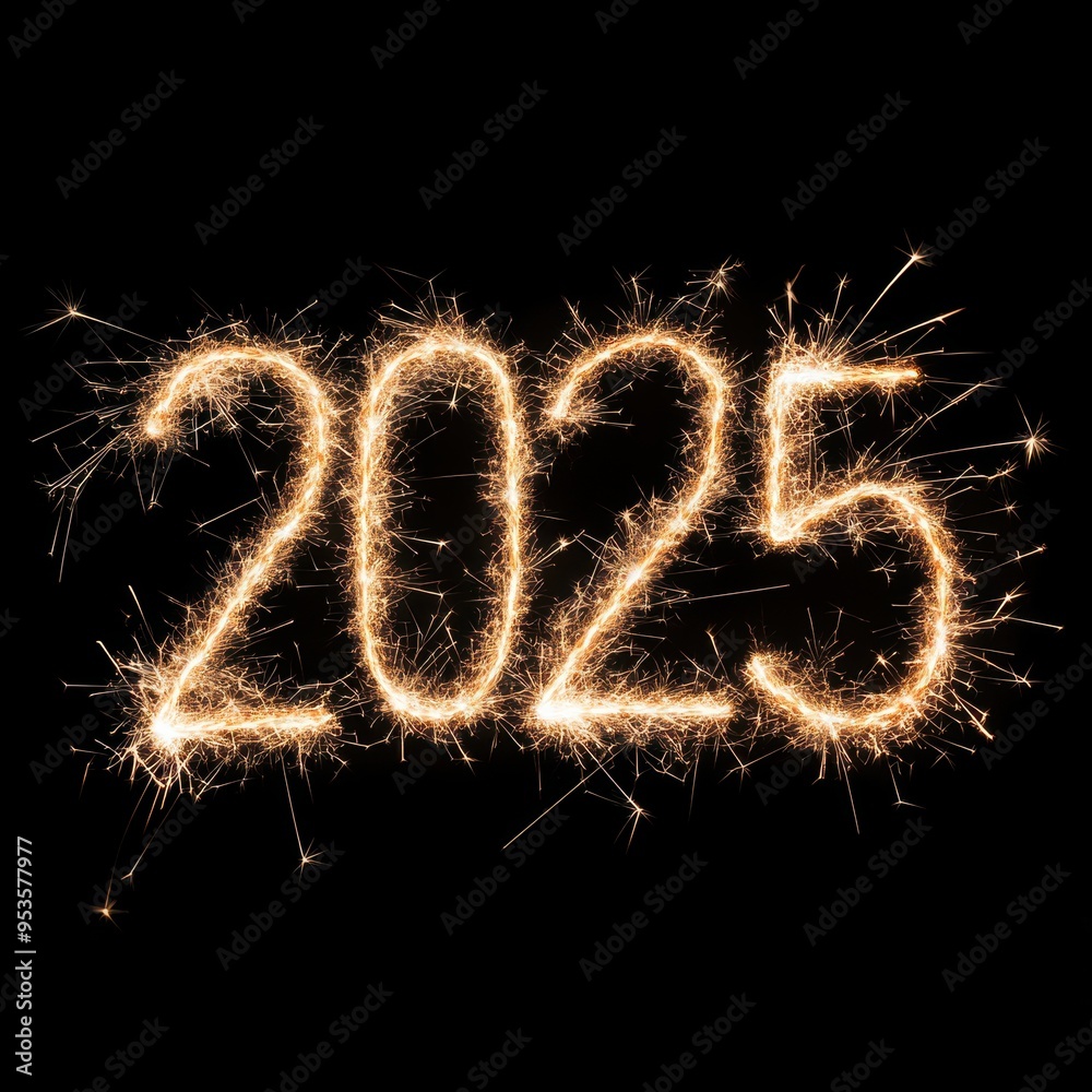 2025 in Sparklers: Celebratory New Year Date with Bright Fireworks on Black Background 2025 in Sparklers: Celebratory New Year Date with Bright Fireworks on Black Background