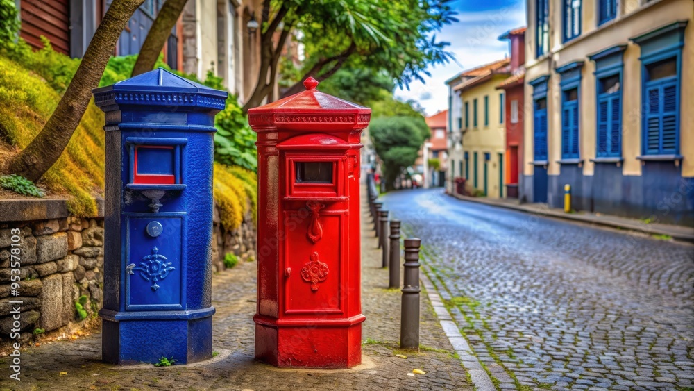 Red and blue Portuguese mailboxes stand out on a street in Funchal , Portugal, mail, letters, communication Red and blue Portuguese mailboxes stand out on a street in Funchal , Portugal, mail, letters, communication
