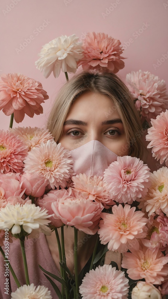 person obscuring their face with varieties of pink flowers background person obscuring their face with varieties of pink flowers background