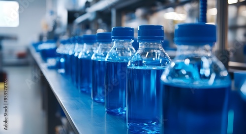 A close-up row of bottles of pure filtering water in an advanced laboratory A bottle of clear. which emphasizes purity for industrial use. Ideal illustration of desalination and clean water technology