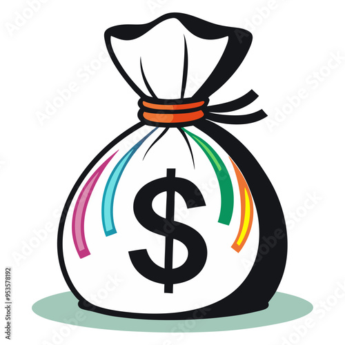 Flat vector illustration of a money bag with a dollar sign, dollar coins, and banknotes silhouette. Icon of a money bag with a dollar sign.