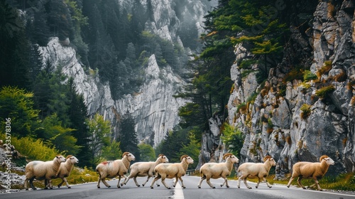 Flock of Sheep Crossing a Mountain Road in a Scenic Valley
