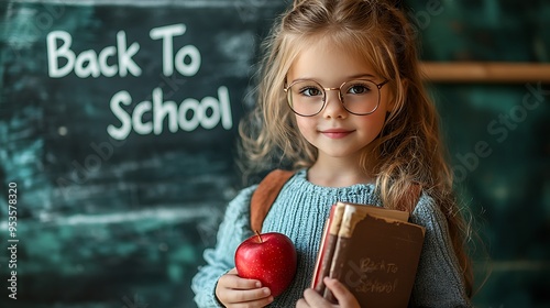 Happy schoolgirl with books and an apple in front of chalkboard.