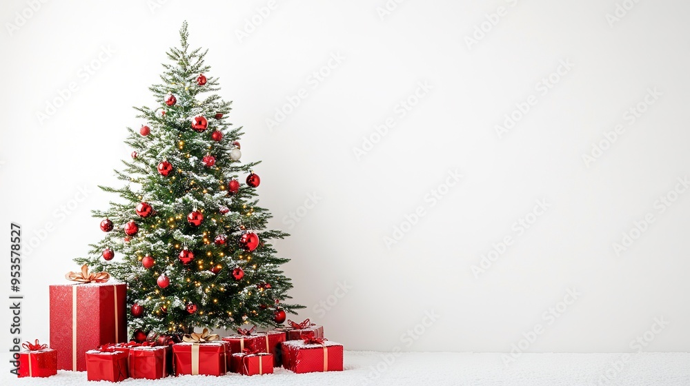 Christmas Tree with Red decorations and Gifts. Holiday concept on White background with copy-space. Christmas Tree with Red decorations and Gifts. Holiday concept on White background with copy-space.