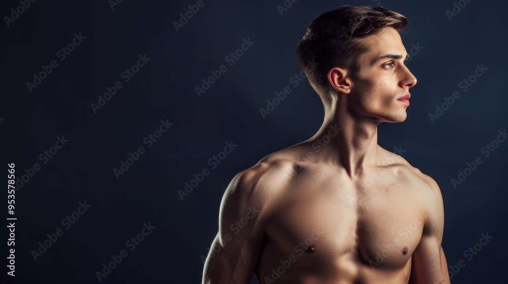 Fototapeta premium Athletic Young Man with Perfect Physique Looking into Distance on Dark Background