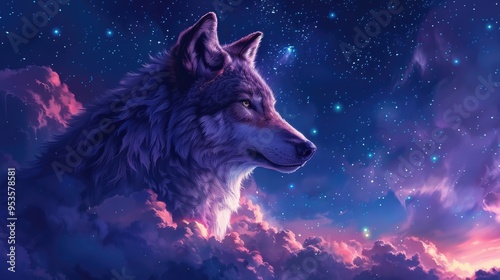 Majestic Wolf Under Starry Night Sky in Dreamlike Clouds  Wildlife Fantasy Art photo