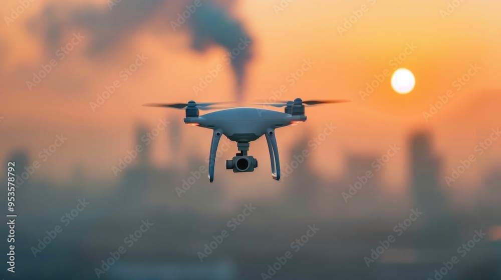 Aerial drone flying over city skyline monitoring air and environmental data with depth of field effect at sunset with dramatic clouds in the sky Aerial drone flying over city skyline monitoring air and environmental data with depth of field effect at sunset with dramatic clouds in the sky