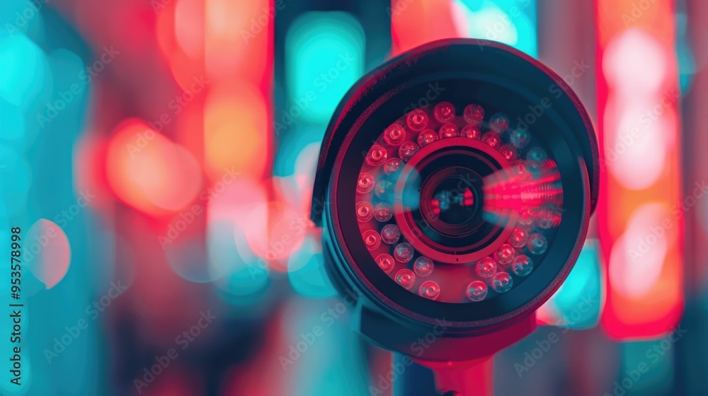 Obraz premium Advanced urban surveillance technologies monitoring a city nightscape with futuristic security and sensors providing comprehensive safety and security measures for the modern metropolitan environment