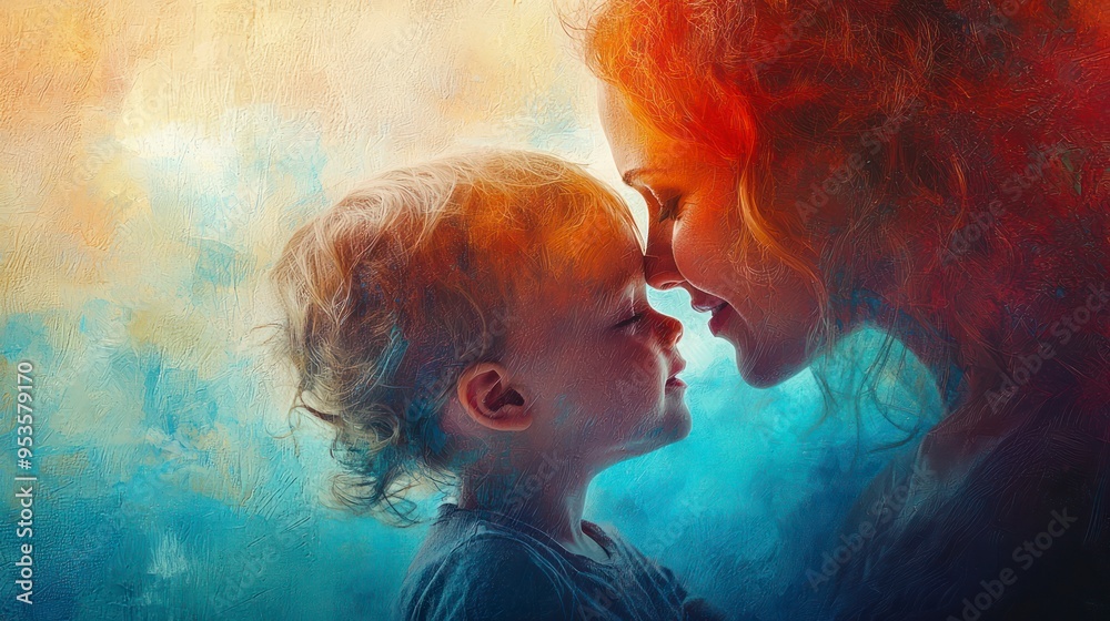 Mother and child sharing a tender moment with colorful background Mother and child sharing a tender moment with colorful background