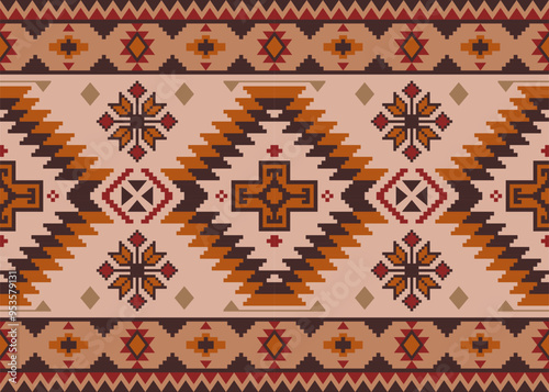 Vector illustration of geometric shapes design, Native American + Native fabric pattern, seamless ethnic pattern, kilim rug, wall tapestry, bedspread, table cloth, carpet, decorative element.
