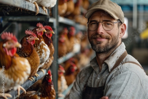 Farmer smiling in chicken coop photo