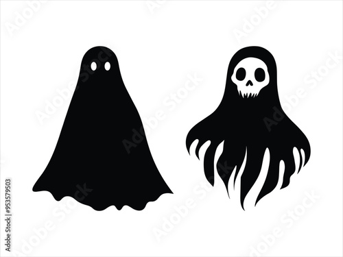 Spooky Halloween Ghost Silhouettes | Scary Black and White Vector Clipart for Haunted Designs.