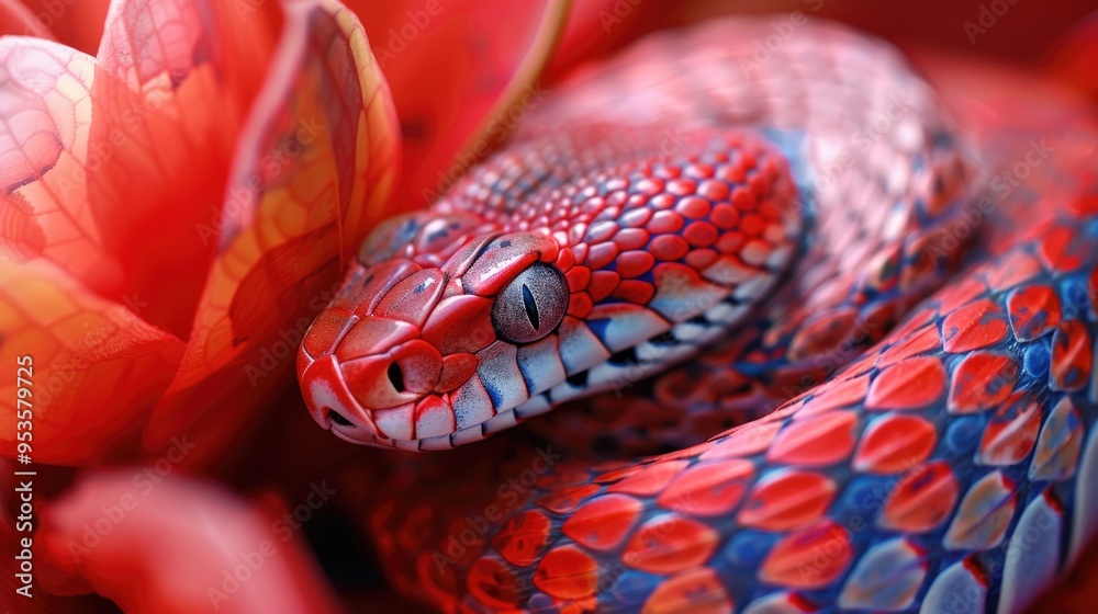 Red and black snake close up