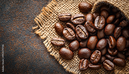 Freshly roasted coffee beans spilling onto burlap fabric, creating a rich aroma in a cozy café setting