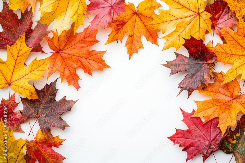 Autumn Maple Leaves Flat Lay White Background created with Generative AI Autumn Maple Leaves Flat Lay White Background created with Generative AI