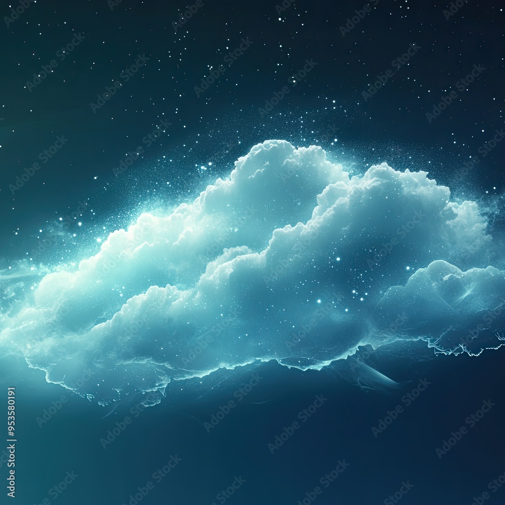 Naklejka premium A luminous cloud floating in a starry night sky, evoking a sense of tranquility and wonder.