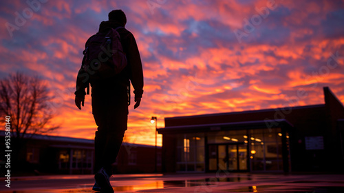 Silhouette of a Student Walking to School at Dawn Against a Sunrise Background
