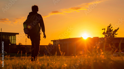 Silhouette of a Student Walking to School at Dawn Against a Sunrise Background