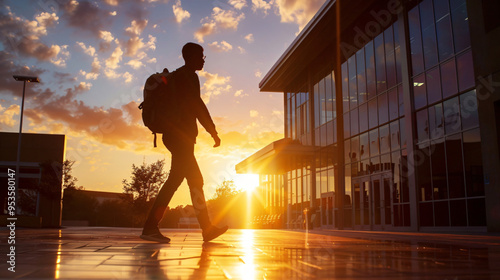 Silhouette of a Student Walking to School at Dawn Against a Sunrise Background