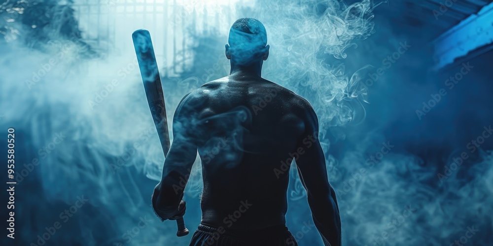 Fototapeta premium Man holding baseball bat in smoke