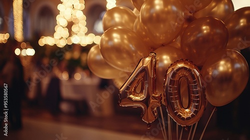 An elegant 40th birthday celebration featuring a bunch of sparkling balloons with bokeh lights in the background, creating a festive and luxurious atmosphere.