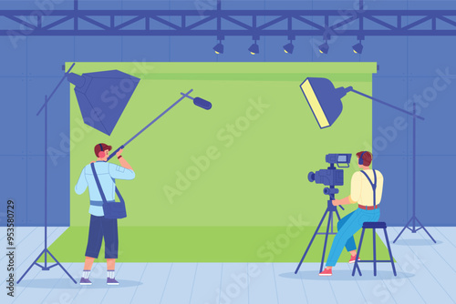Video recording studio on green screen template. Professional operators and lighting