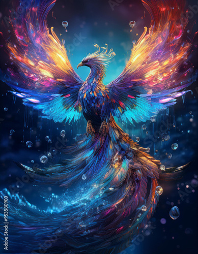 A majestic phoenix made of water that shines like liquid sapphires. Its feathers are made of  photo