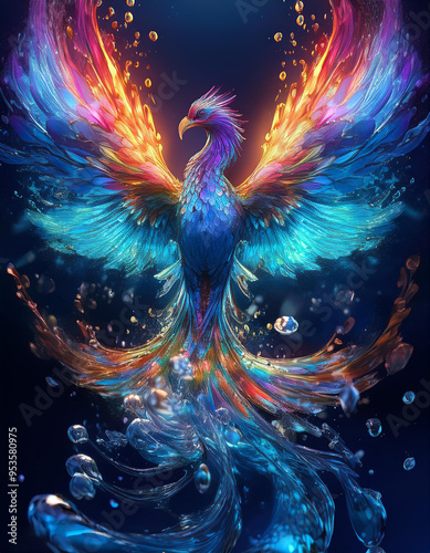 A majestic phoenix made of water that shines like liquid sapphires. Its feathers are made of  photo