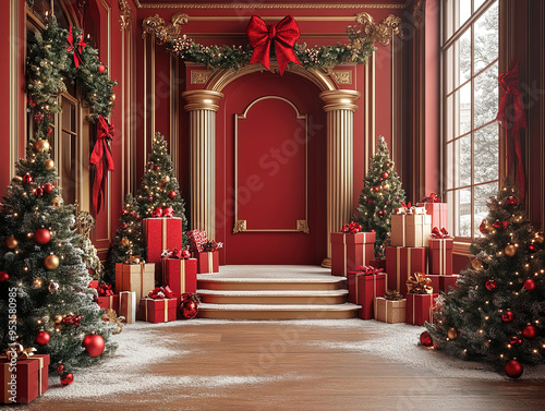 Central empty 3D podium surrounded by Christmas-themed subscription boxes filled with holiday treats, decor, and cozy items. Rich burgundy and soft gold with white highlights.