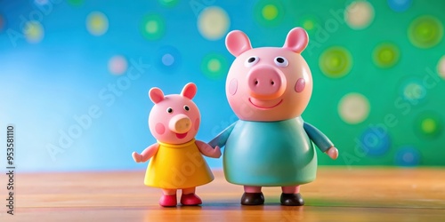 Figurines of Peppa Pig and George posing in a colorful studio setting, figurines, Peppa Pig, George, studio, colorful, characters, toys photo