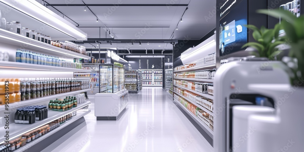 Obraz premium Futuristic AI-Enabled Supermarket with Smart Shelves and Digital Displays