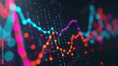 Vibrant and futuristic data visualization showcasing regression analysis with dynamic data points trend lines and a complex abstract background photo