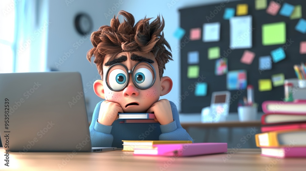 3D Render of Anxious Student in a Classroom with Laptop and Books 3D Render of Anxious Student in a Classroom with Laptop and Books